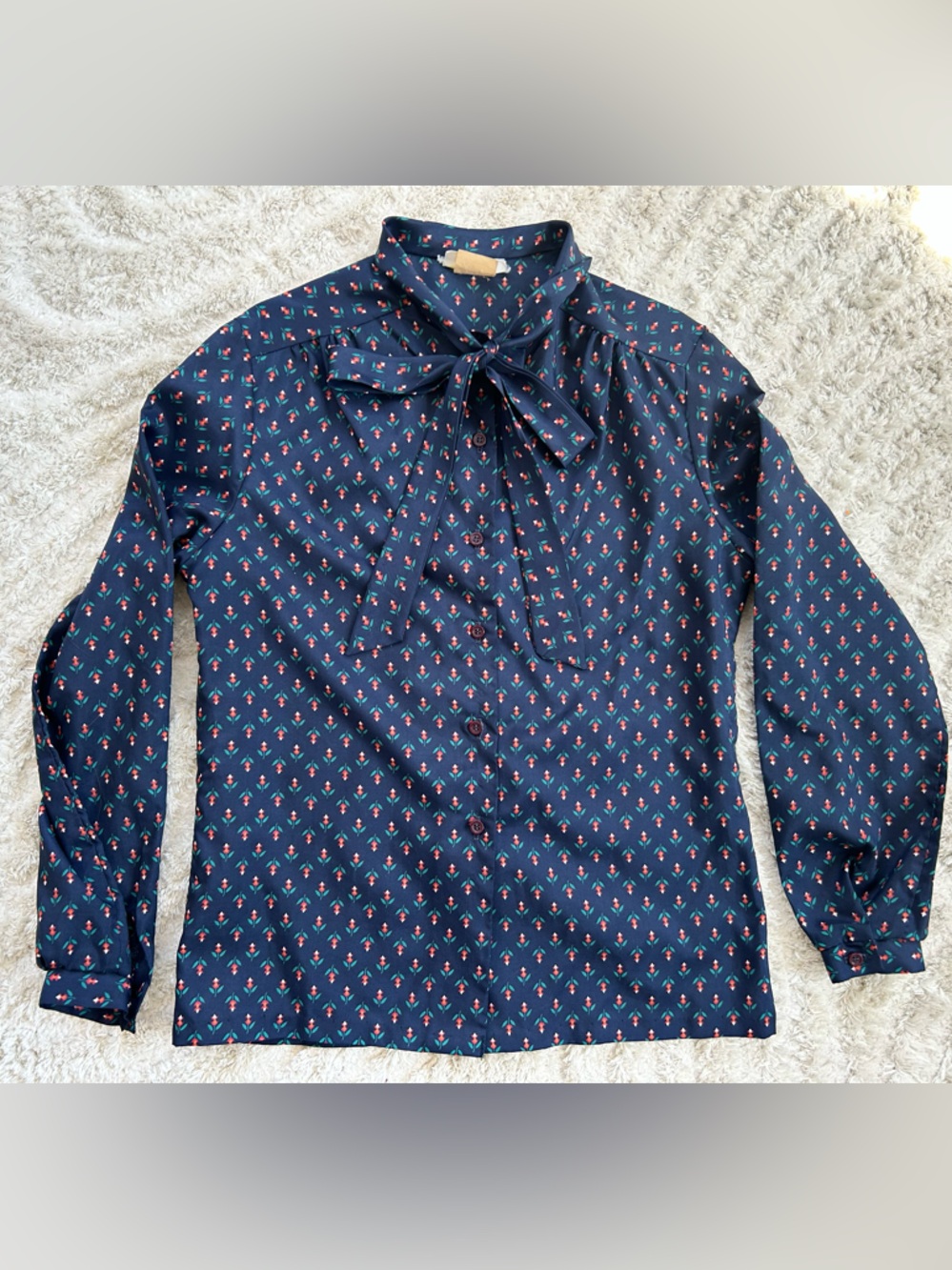 Vintage 1970s Navy Floral Tie-Neck Long-Sleeve Blouse